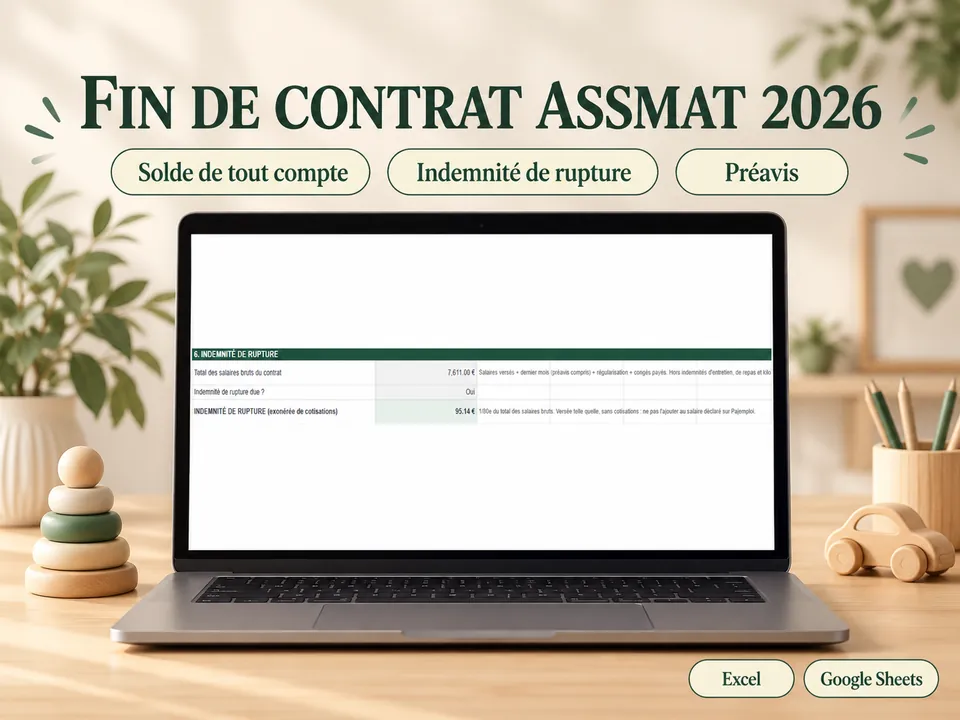 Aperçu du tableur Fin de contrat assistante maternelle
